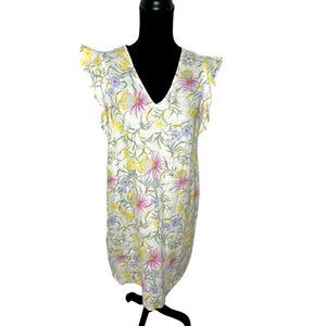 NWOT JOIE 100% LINEN FLORAL SHIFT DRESS‎ FLUTTER SLEEVE KNEE LENGTH WOMEN SIZE M